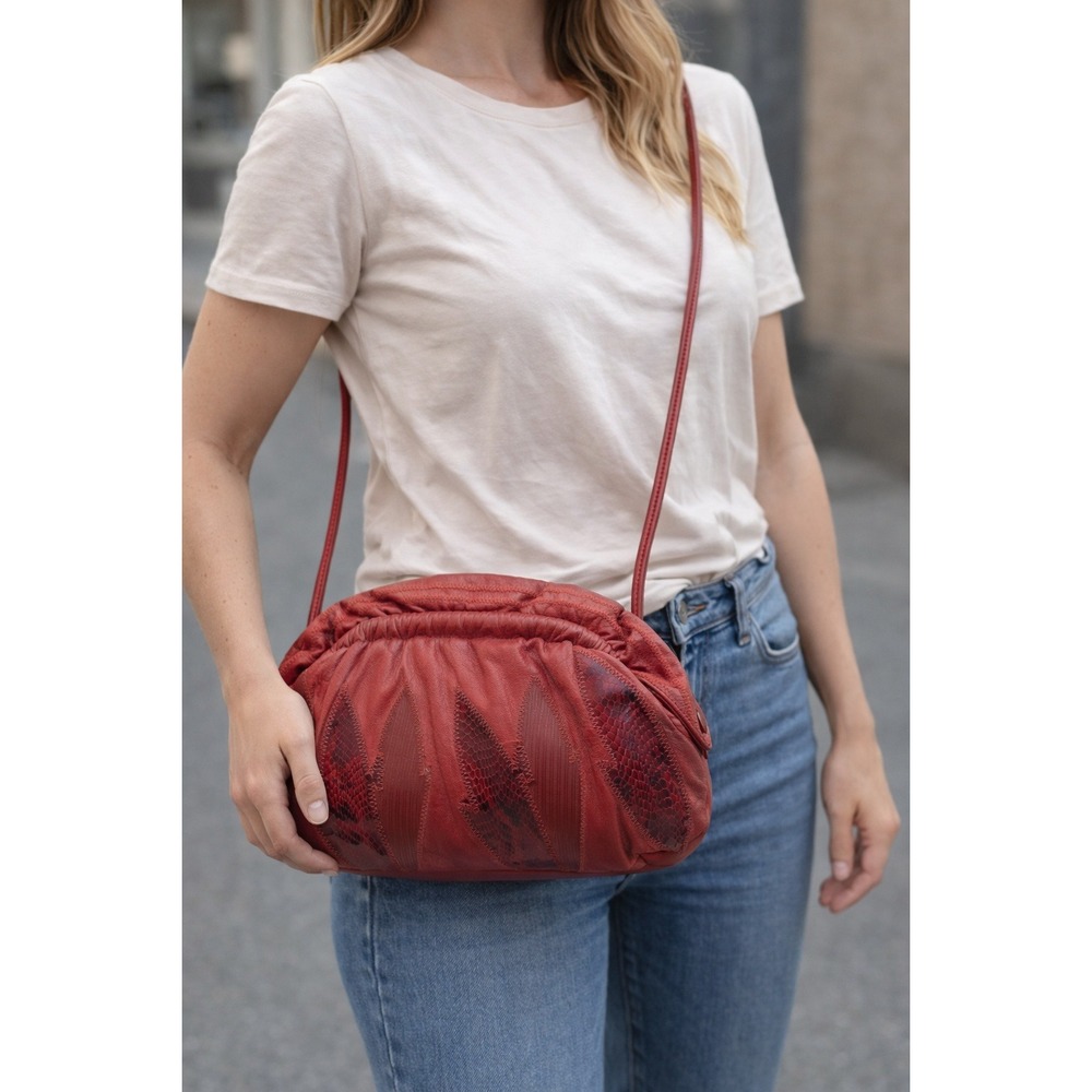 Vintage Red Leather‎ Crossbody Bag Patchwork Textured/Animal Design